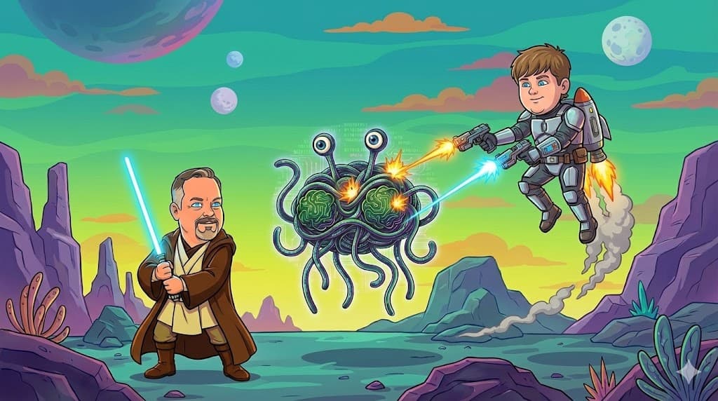A jedi warrior faces off against the Spaghetti Code Monster on an alien planet